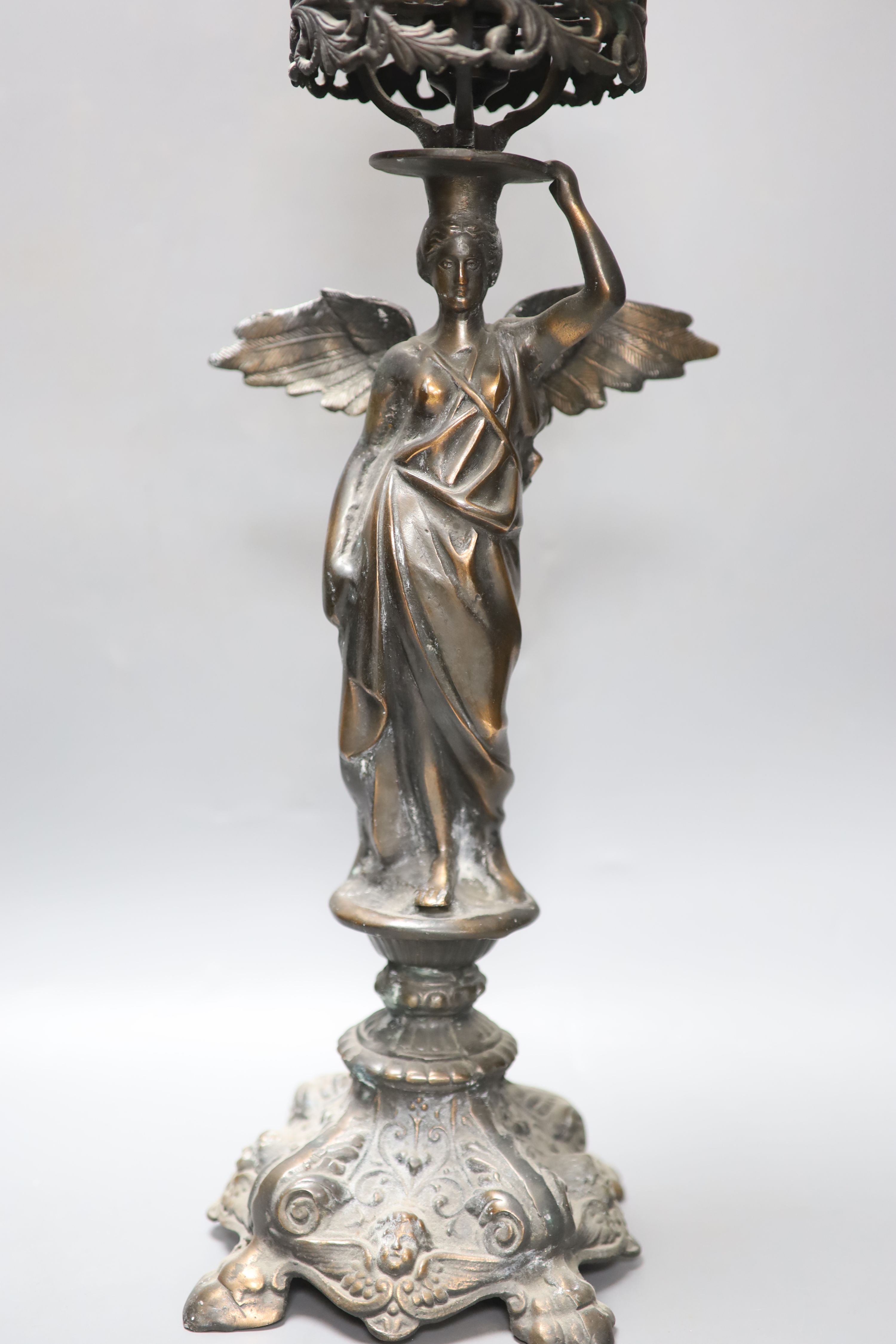 An oxidised copper figural table lamp, height 58cm, and three other items